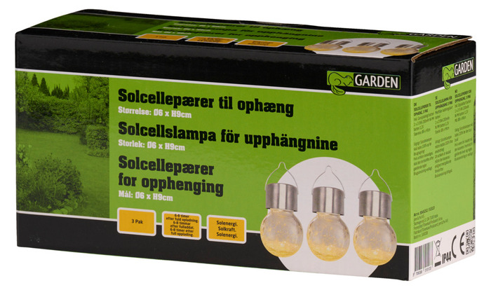 Solcellepære glass/metall Ø6 cm 3-pk.